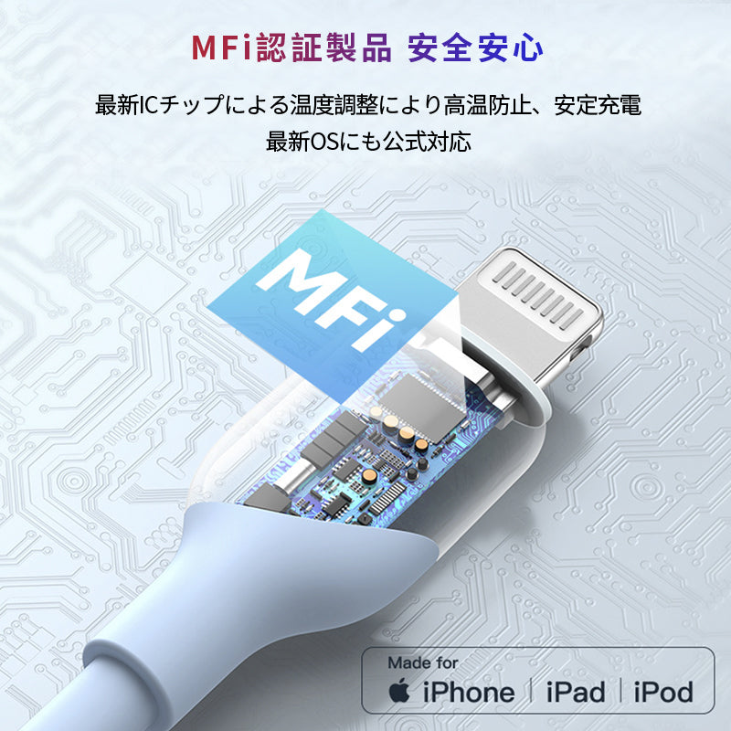 iPhone 充電ケーブル USBケーブル MFi認証 充電ケーブル データ伝送 急速充電 一年間保証 0.5ｍ 1m 1.5m 2m